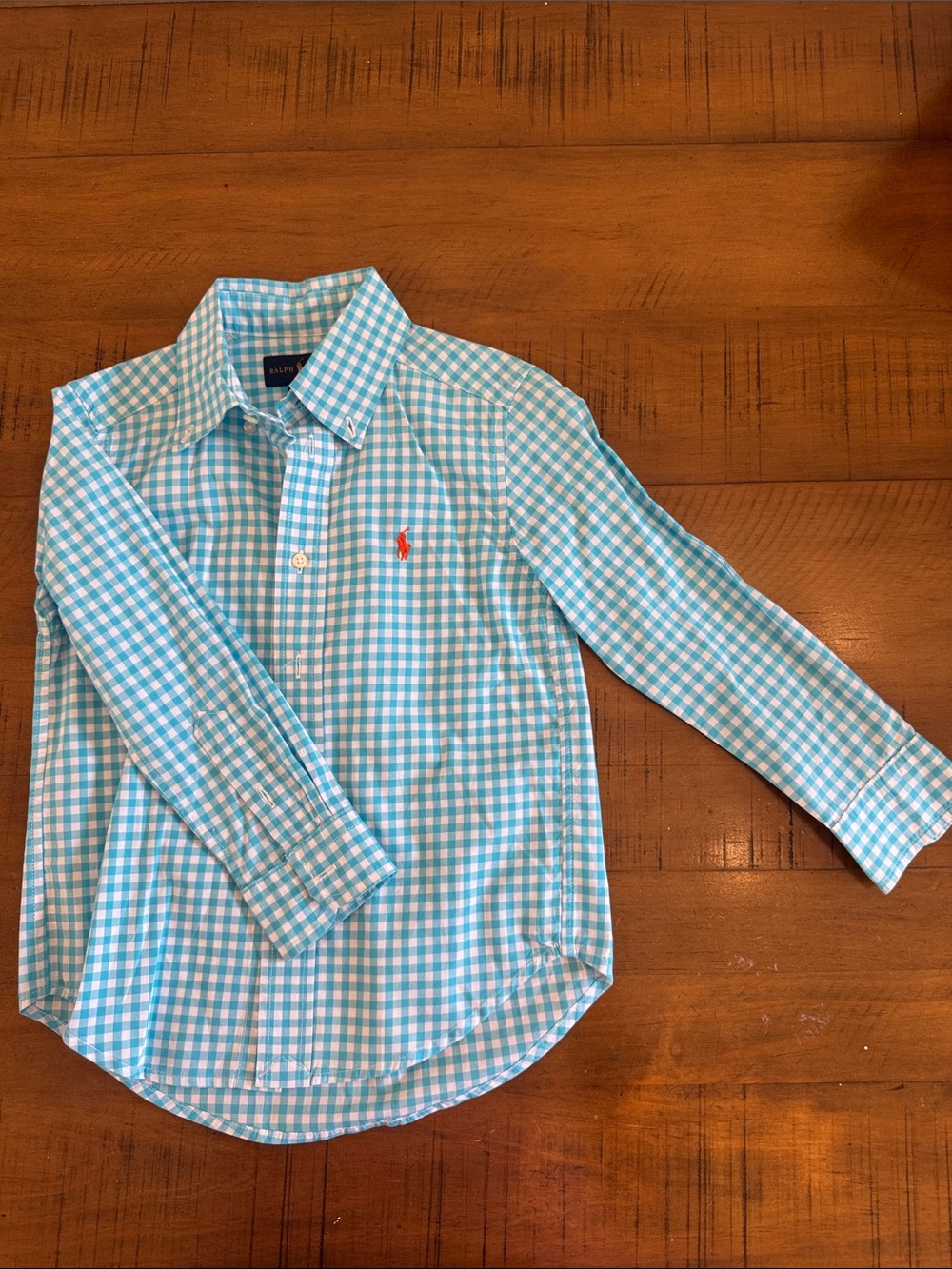 Ralph Lauren Boys' Turquoise Gingham Button-Down Shirt with Red Pony